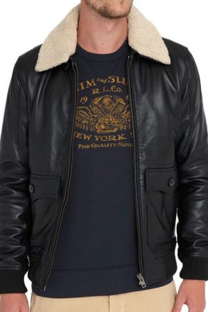 Men's Black Leather Bomber Jacket with Fur Collar