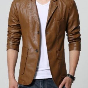 Casual wear slim-fit Brown leather blazer