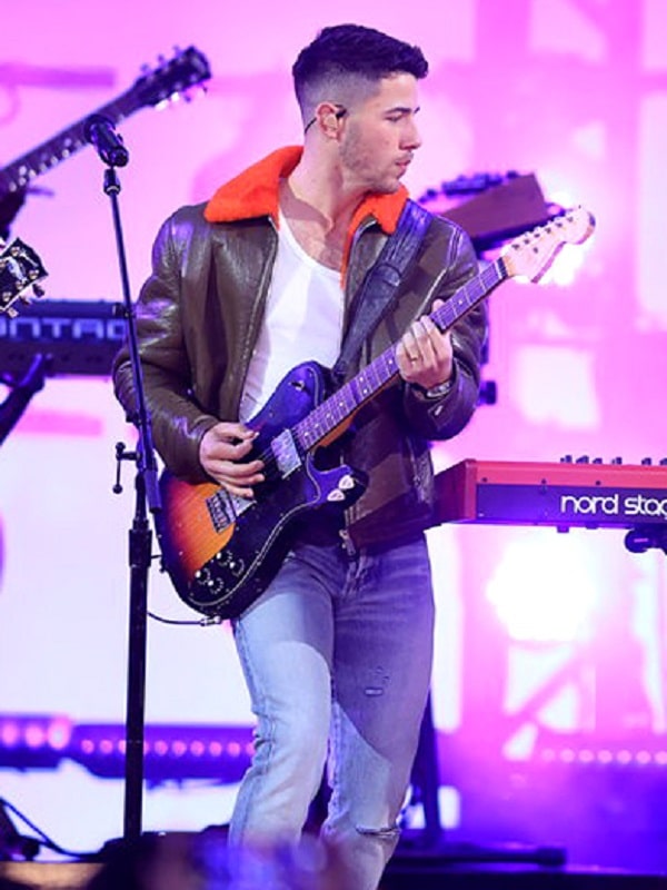 Singer Nick Jonas Orange Fur Collar Brown leather Jacket