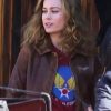 American actress Brie Larson wearing a brown Jacket in Film Captain Marvel Carol Danvers Bomber Leather Jacket