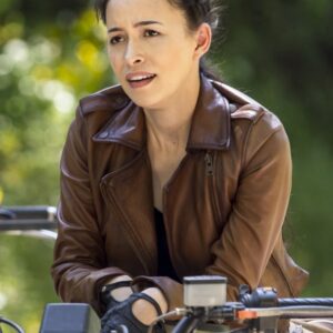 Christian Serratos Wear Brown Biker Leather In TV Series The Walking Dead