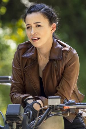 Christian Serratos Wear Brown Biker Leather In TV Series The Walking Dead