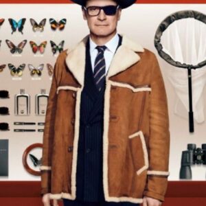 Colin Firth Wearing a Brown Suede Leather Jacket in the movie Kingsman The Golden