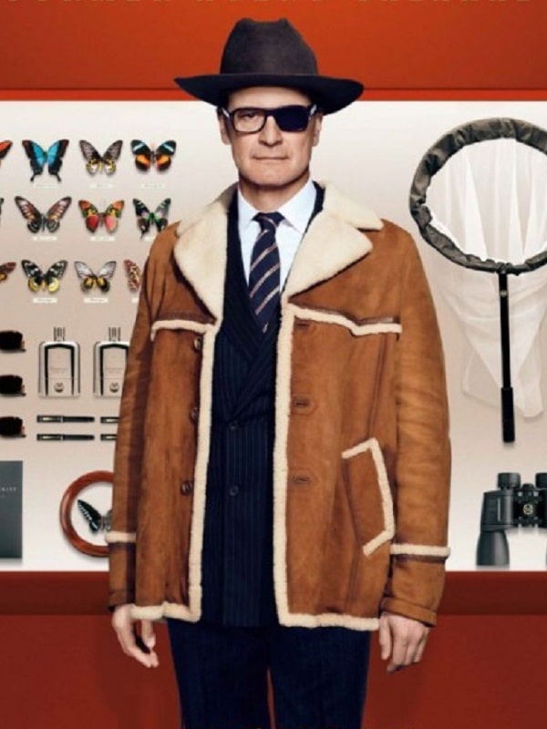 Colin Firth Wearing a Brown Suede Leather Jacket in the movie Kingsman The Golden
