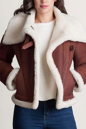 A Young Women Wearing Brown Leather Sheepskin Shearling Jacket