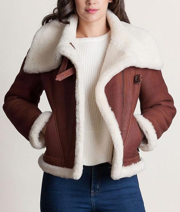 A Young Women Wearing Brown Leather Sheepskin Shearling Jacket