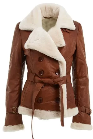 Ladies Brown Sheepskin Shearling Leather Jacket