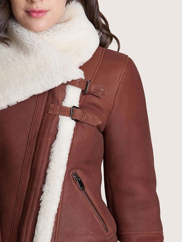 A Girl Wearing Brown Leather Sheepskin Shearling Jacket
