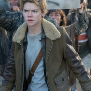 Actor Thomas Brodie-Sangster Wearing a Green Jacket in the Movie Series Maze Runner The Death Cure Newt Fur Collar Leather Jacket
