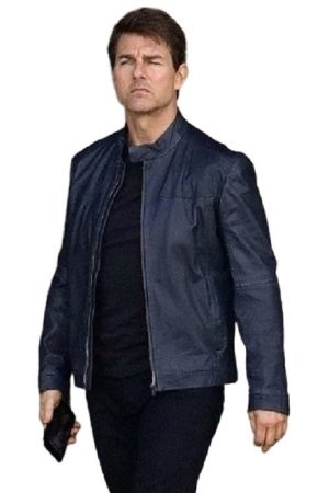 Tom Cruise Wearing A Blue Jacket in Mission Impossible and holding cell phone in right hand