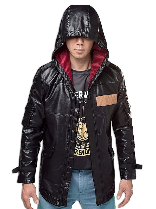 A Guy Wearing T-Shirt and Blue jeans and outwear black hooded leather jacket