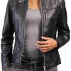 Women Snap Tab Collar Leather Jacket