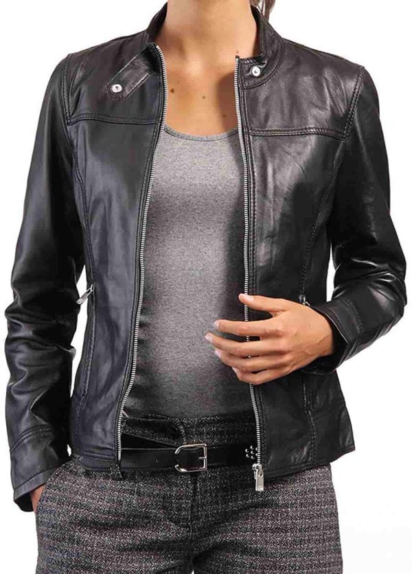 Women Snap Tab Collar Leather Jacket