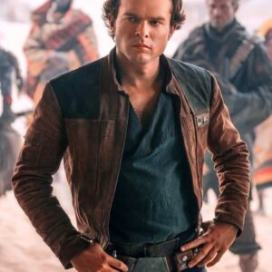 Alden Ehrenreich Wearing A Brown Suede Leather Jacket in Solo: A Star Wars Story Han Solo