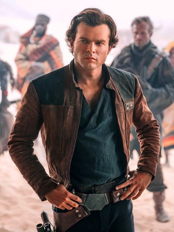 Alden Ehrenreich Wearing A Brown Suede Leather Jacket in Solo: A Star Wars Story Han Solo
