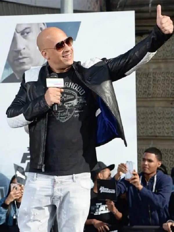 Vin Diesel Wearing A Stylish White + Black Leather Jacket in Film Event F9 The Fast Saga