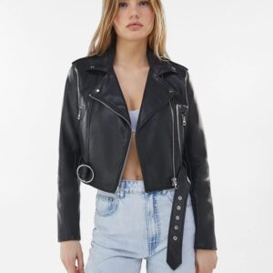 Young Girl Wearing A Black Leather Biker Jacket