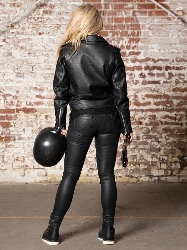 Women Wearing Black Motorcycle Leather Jacket