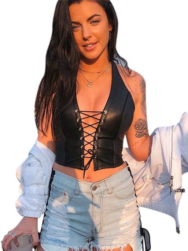 A Young Women Wearing Sexy Black Tops Halter Lace Up Vest Outfit