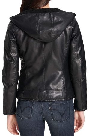 Women's Shearling Leather Black Hooded Jacket