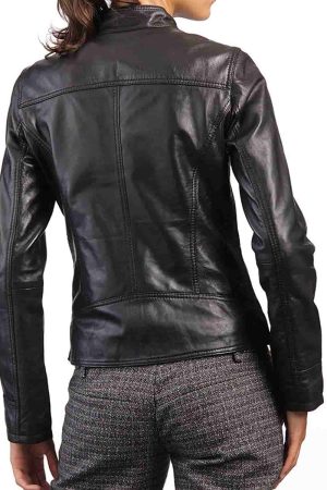 Snap Tab Collar Black Leather Jacket