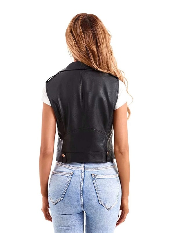 A Young Women Wearing A Black Leather Vest for Sale
