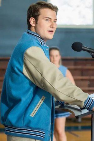 Brandon Flynn Wearing A Blue Baseball Bomber Jacket In 13 Reasons Why Series