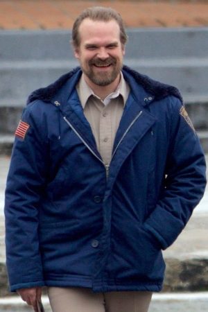 David Harbour Wearing Blue Hoodie Jacket In Stranger Things