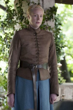 English actress Gwendoline Christie Wearing Classic Brown Leather Jacket In Game of Thrones