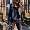 Juliana Harkavy Wearing A Black Biker Styel Leather Jacket In Drama Series Arrow