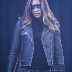 Juliana Harkavy Wearing A Leather Jacket In Arrow
