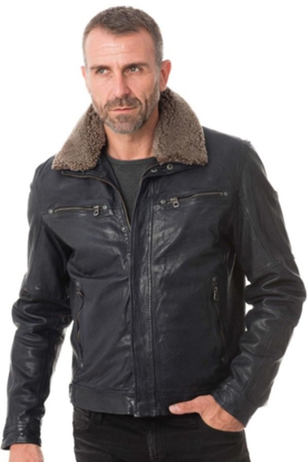 A Guy Wearing Fur Collar Black Leather Jacket