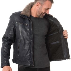 A Men Wearing Fur Collar Black Leather Jacket