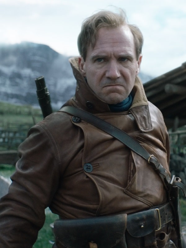 Ralph Fiennes Wearing Brown Leather Coat In The King's Man Film
