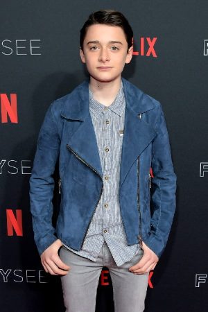Actor Noah Schnapp Wearing Blue Suede Leather Jacket In Stranger Things Event