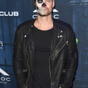 Singer Adam Lambert Wearing Black Leather Jacket at Halloween Party
