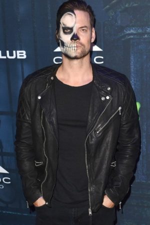 Singer Adam Lambert Wearing Black Leather Jacket at Halloween Party