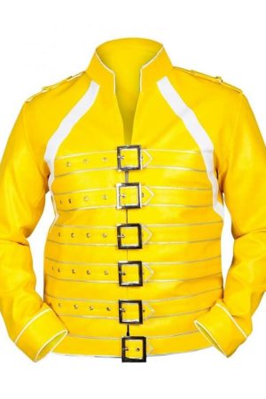 Stylish Yellow Leather Strip Design Jacket In the Movie Hubie Halloween