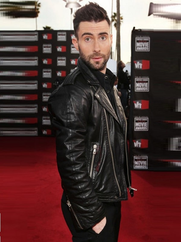 Adam Levine Wearing Black Leather Biker Jacket