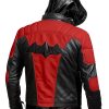 Arkham Knight BlackLeather Hood Red Black Leather Jacket