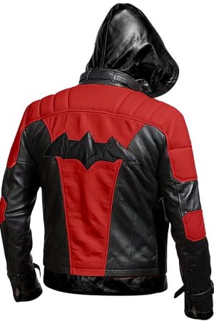 Arkham Knight BlackLeather Hood Red Black Leather Jacket