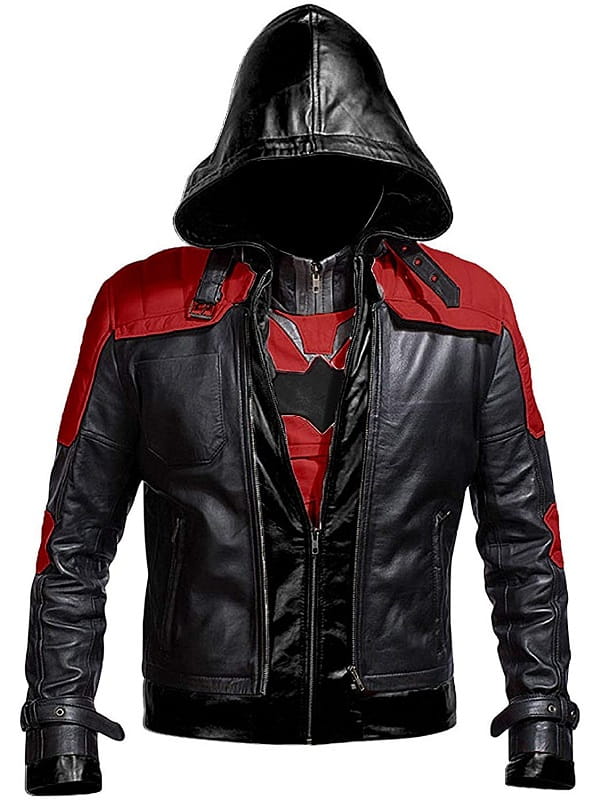 Arkham Knight Leather Hood Red Black Jacket