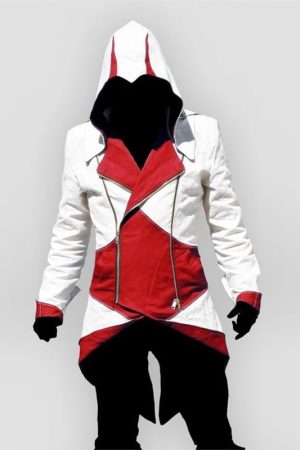 Men Wearing Video Game Assassins Creed Cosplay Costume White and Red Hooded