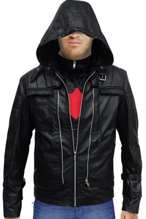 A Men Wearing Black Leather Bat Red Logo Arkham Knight Jacket