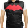 A Young Men Wearing Arkham Knight Bat Logo Black Leather Vest