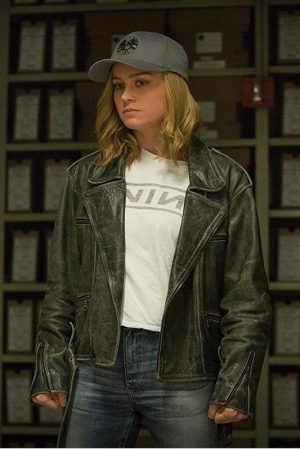 Brie Larson Wearing Distressed Leather Jacket In Captain Marvel Film