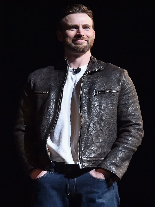 Actor Chris Evans Wearing Black Leather Jacket in Captain America Movie