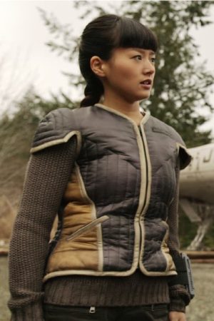 Kiki Sukezane Wearing Satin Gray Jacket In Lost in Space