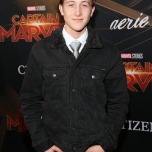 Luke Mullen Wearing Faux Fur Colalr Black Jacket at an event for Captain Marvel
