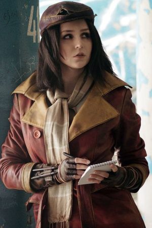 A Gir wearing Video Game Fallout 4 Piper Wright Brown Leather Coat